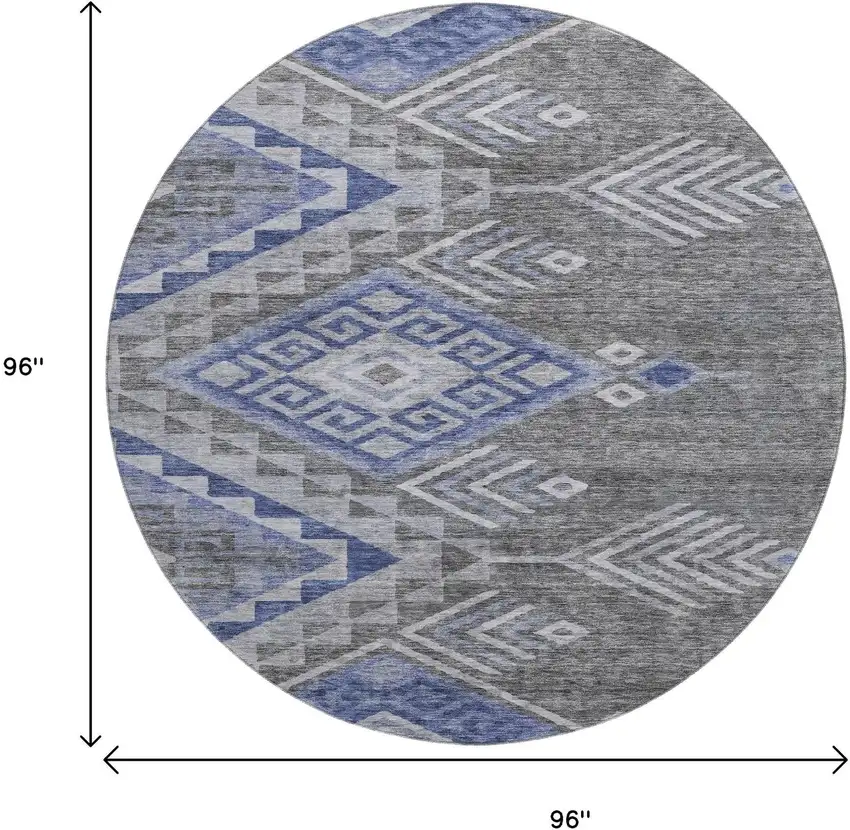 8' Pewter Blue And Gray Geometric Washable Round Rug With UV Protection Photo 9
