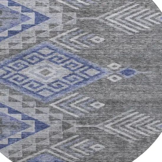 8' Pewter Blue And Gray Geometric Washable Round Rug With UV Protection Photo 2