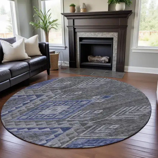 8' Pewter Blue And Gray Geometric Washable Round Rug With UV Protection Photo 4