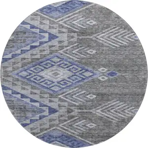 Photo of 8' Pewter Blue And Gray Geometric Washable Round Rug With UV Protection