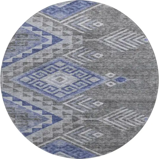 8' Pewter Blue And Gray Geometric Washable Round Rug With UV Protection Photo 1