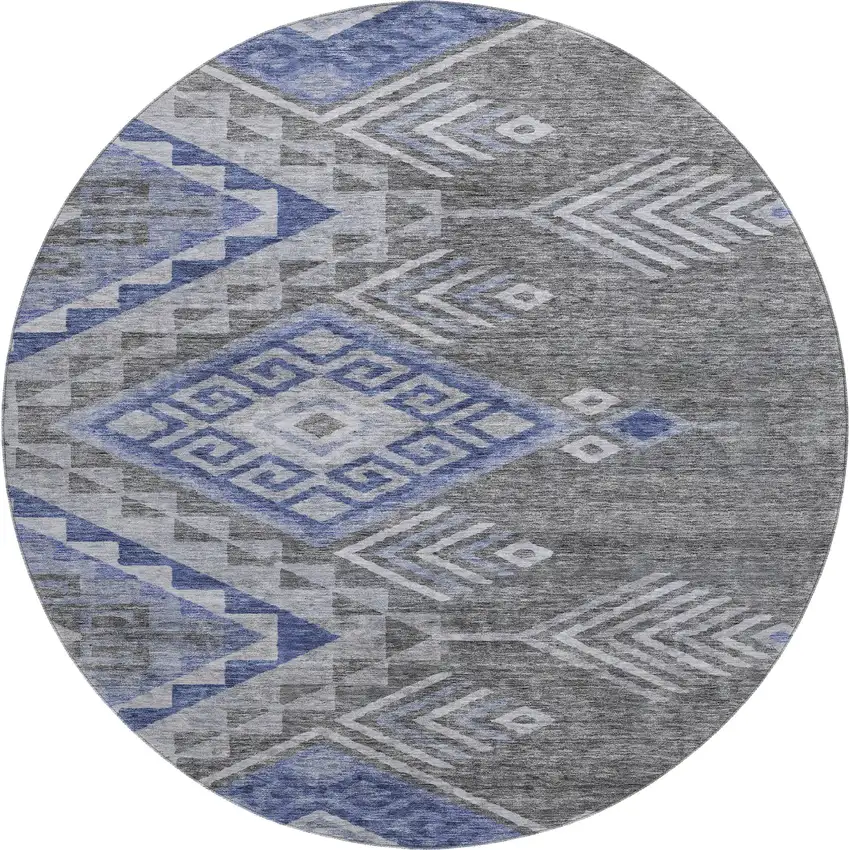 8' Pewter Blue And Gray Geometric Washable Round Rug With UV Protection Photo 1