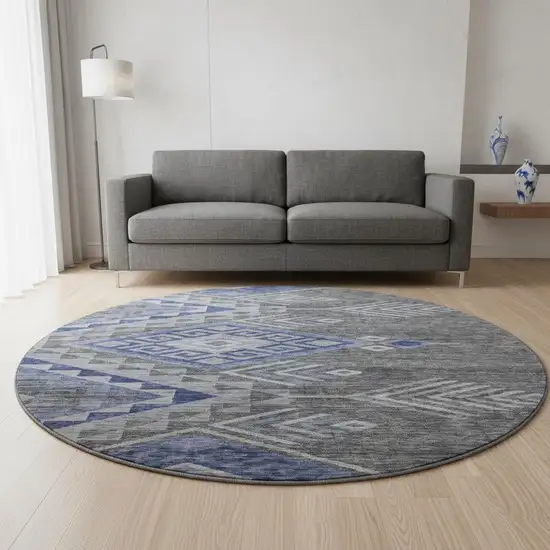 8' Pewter Blue And Gray Geometric Washable Round Rug With UV Protection Photo 2