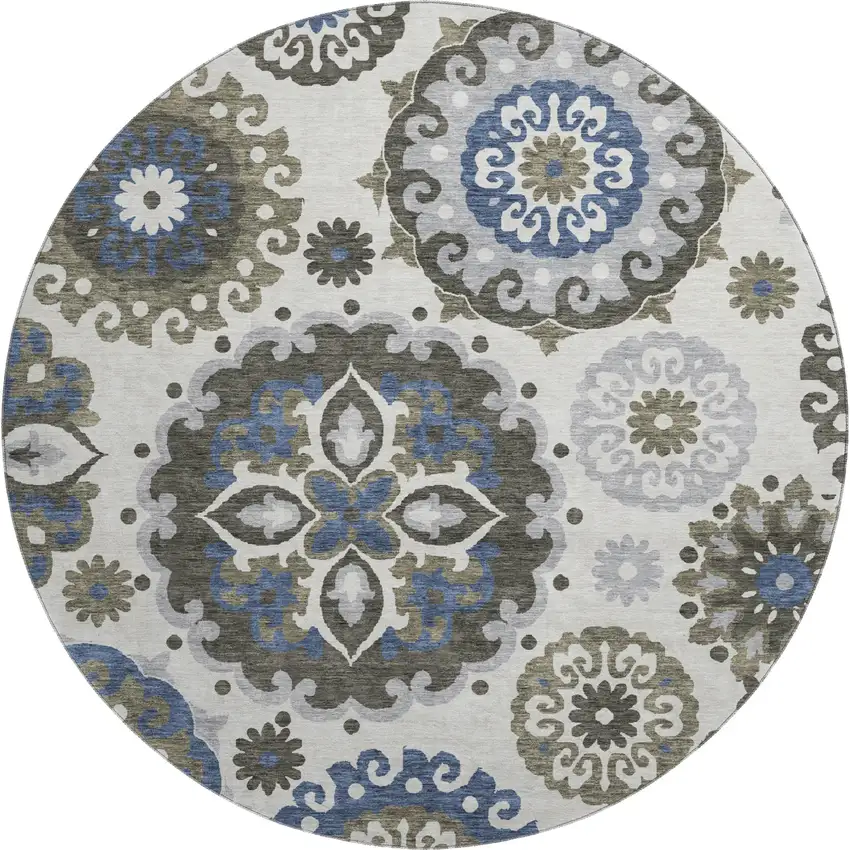 8' Pewter Blue And Gray Medallion Washable Round Rug With UV Protection Photo 1