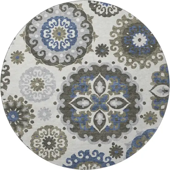 8' Pewter Blue And Gray Medallion Washable Round Rug With UV Protection Photo 4