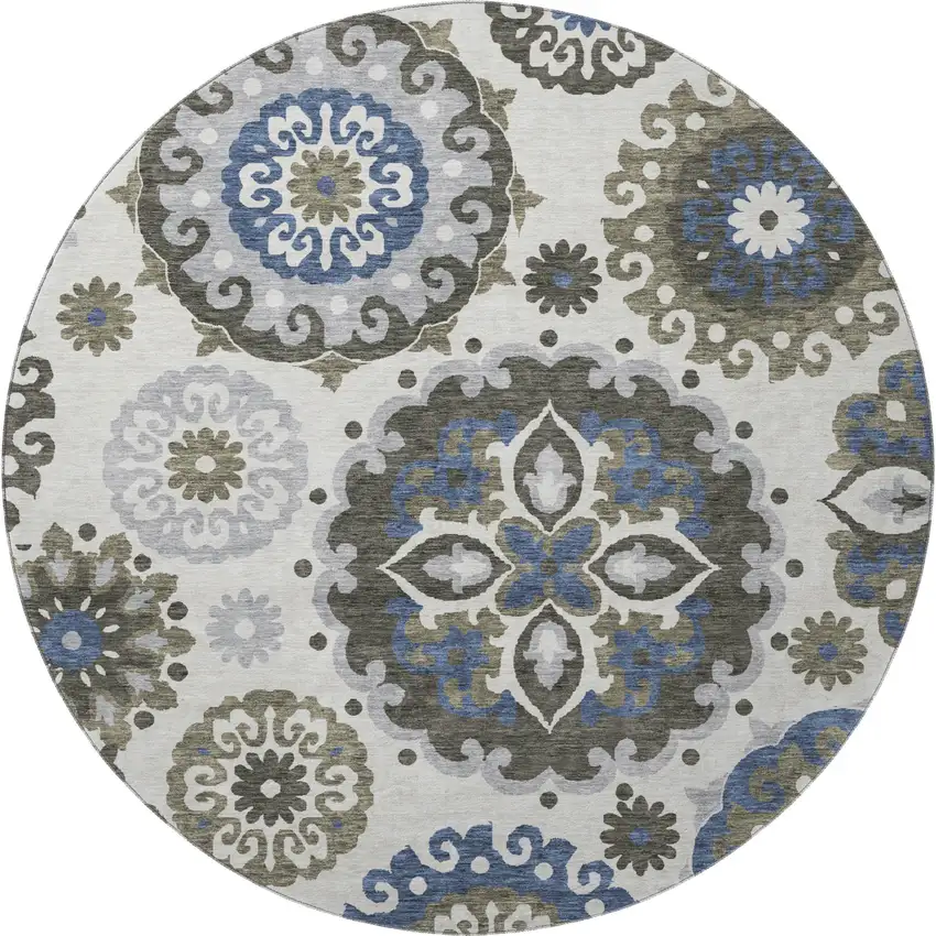 8' Pewter Blue And Gray Medallion Washable Round Rug With UV Protection Photo 4