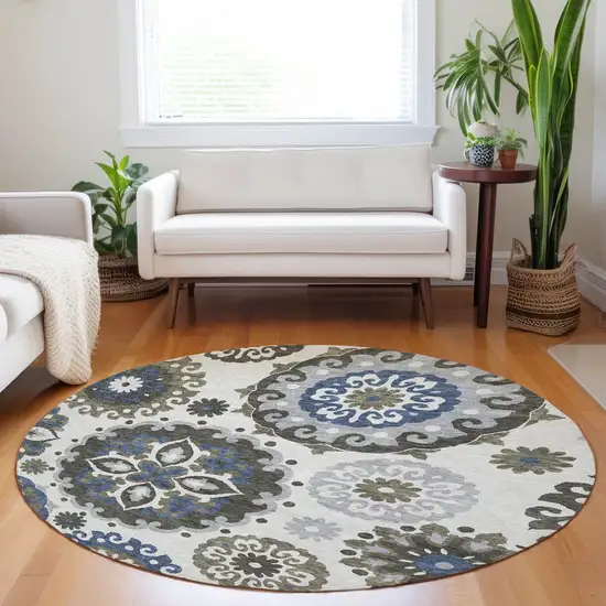 8' Pewter Blue And Gray Medallion Washable Round Rug With UV Protection Photo 5
