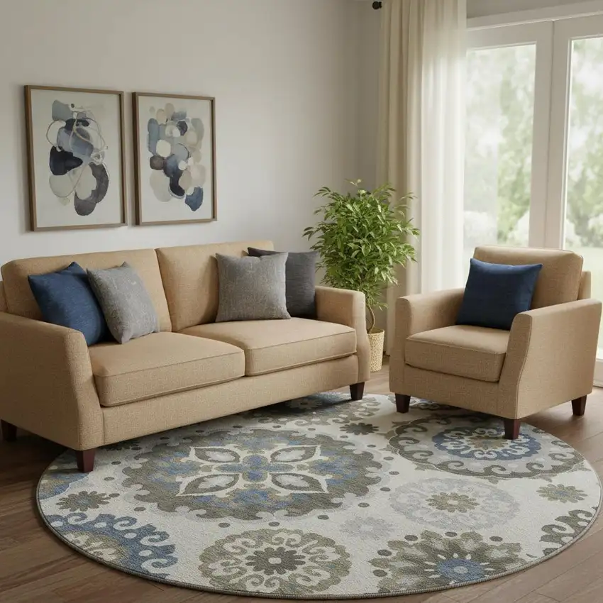 8' Pewter Blue And Gray Medallion Washable Round Rug With UV Protection Photo 1