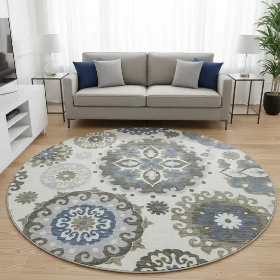 8' Pewter Blue And Gray Medallion Washable Round Rug With UV Protection Photo 2