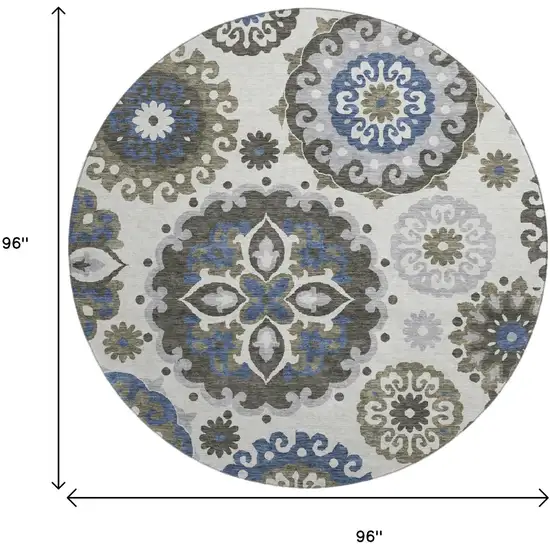 8' Pewter Blue And Gray Medallion Washable Round Rug With UV Protection Photo 3