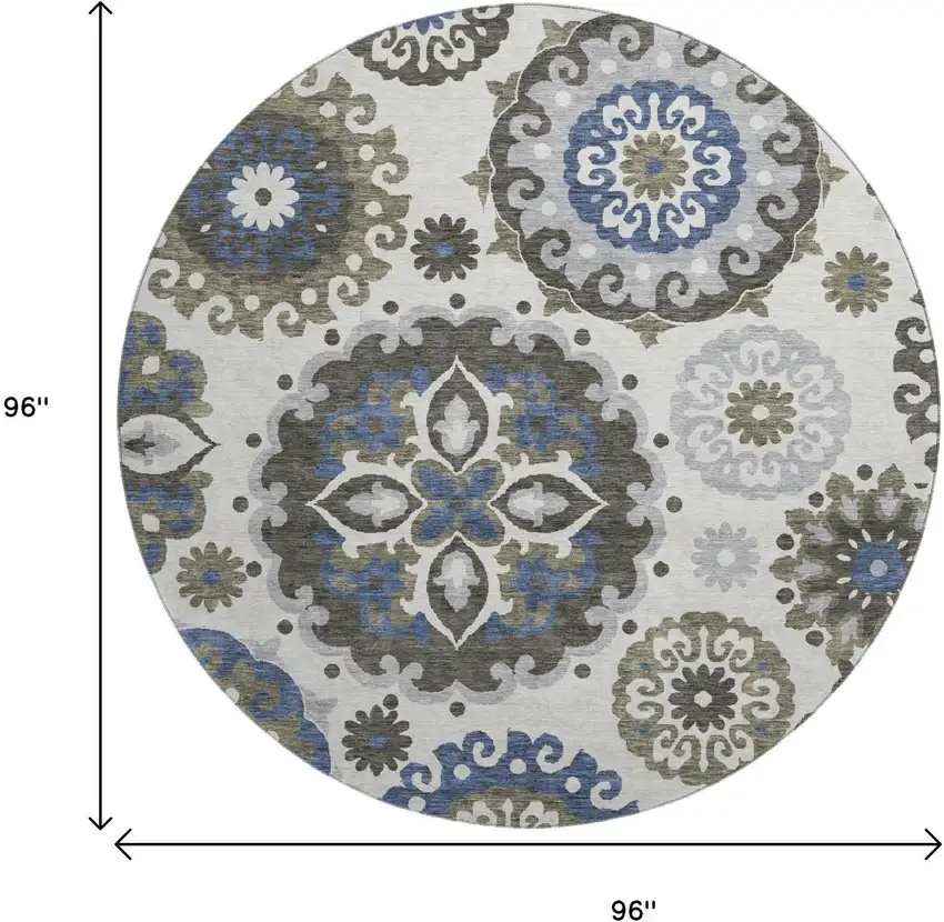 8' Pewter Blue And Gray Medallion Washable Round Rug With UV Protection Photo 3