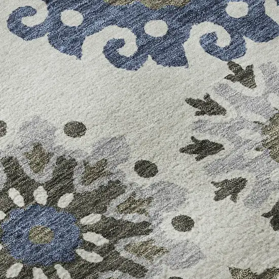 8' Pewter Blue And Gray Medallion Washable Round Rug With UV Protection Photo 9