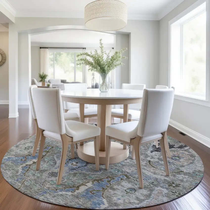 8' Pewter Blue And Gray Round Floral Washable Indoor Outdoor Area Rug Photo 6