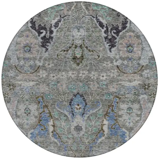 8' Pewter Blue And Gray Round Floral Washable Indoor Outdoor Area Rug Photo 3