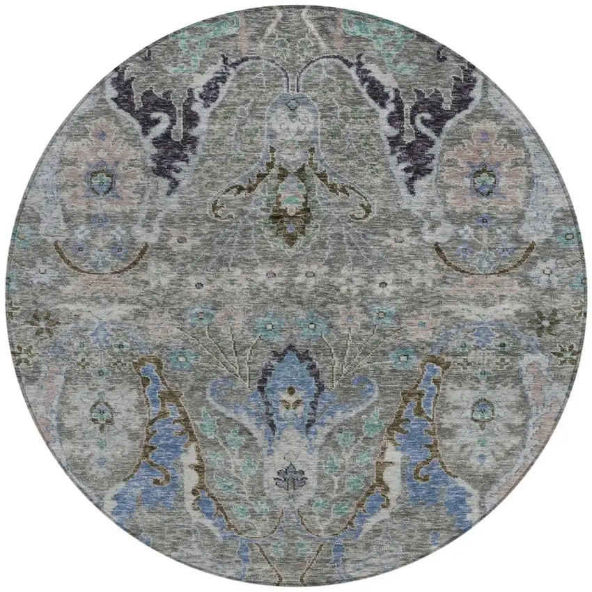 8' Pewter Blue And Gray Round Floral Washable Indoor Outdoor Area Rug Photo 3