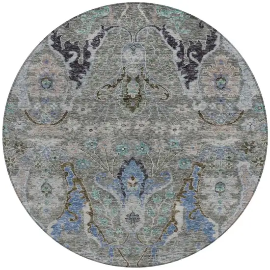 8' Pewter Blue And Gray Round Floral Washable Indoor Outdoor Area Rug Photo 4