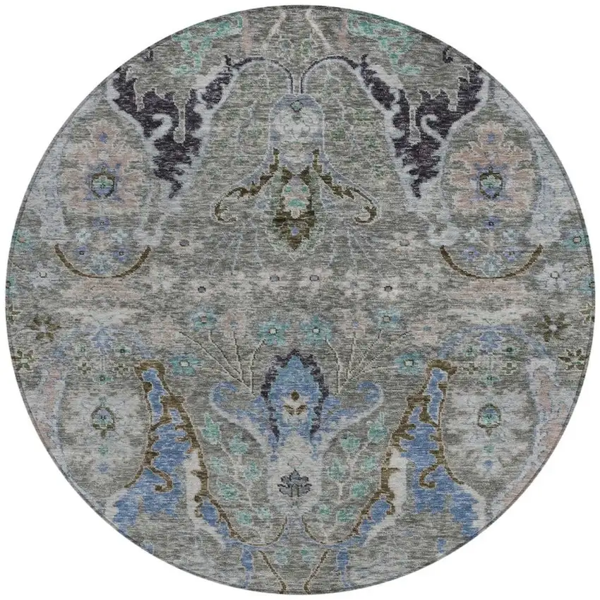 8' Pewter Blue And Gray Round Floral Washable Indoor Outdoor Area Rug Photo 4