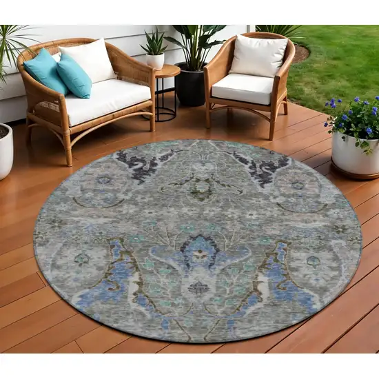 8' Pewter Blue And Gray Round Floral Washable Indoor Outdoor Area Rug Photo 2