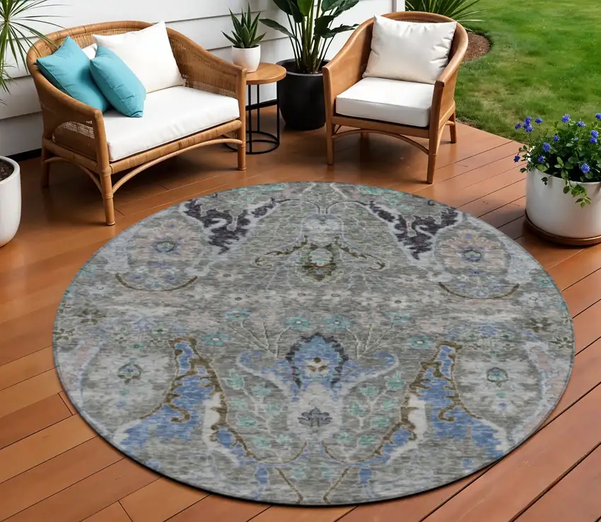 8' Pewter Blue And Gray Round Floral Washable Indoor Outdoor Area Rug Photo 2