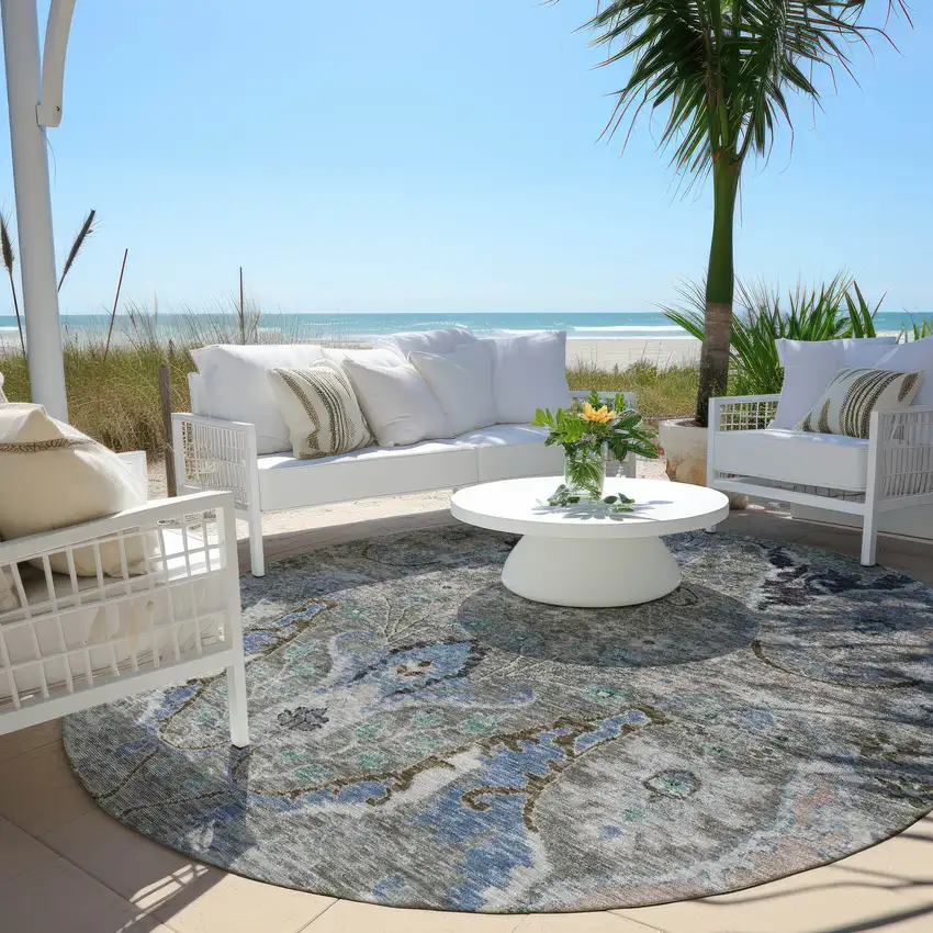 8' Pewter Blue And Gray Round Floral Washable Indoor Outdoor Area Rug Photo 5