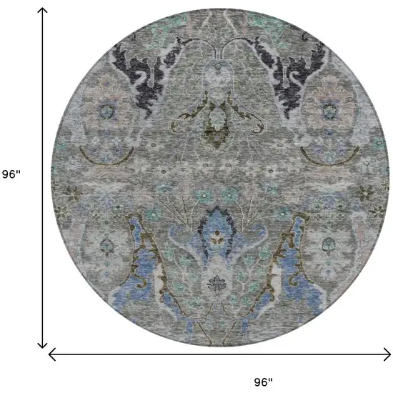 8' Pewter Blue And Gray Round Floral Washable Indoor Outdoor Area Rug Photo 9