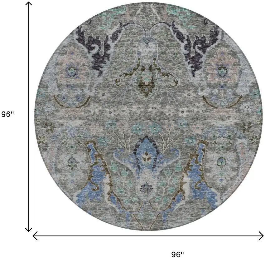 8' Pewter Blue And Gray Round Floral Washable Indoor Outdoor Area Rug Photo 9