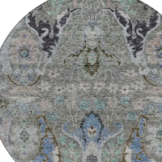 8' Pewter Blue And Gray Round Floral Washable Indoor Outdoor Area Rug Photo 8