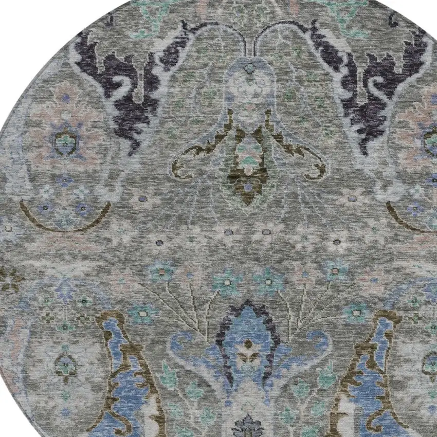 8' Pewter Blue And Gray Round Floral Washable Indoor Outdoor Area Rug Photo 8