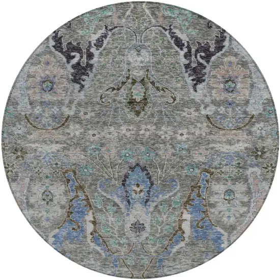 8' Pewter Blue And Gray Round Floral Washable Indoor Outdoor Area Rug Photo 1