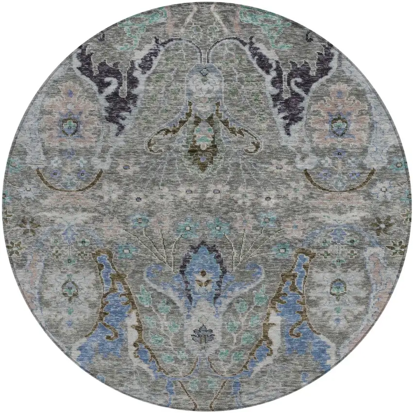 8' Pewter Blue And Gray Round Floral Washable Indoor Outdoor Area Rug Photo 1