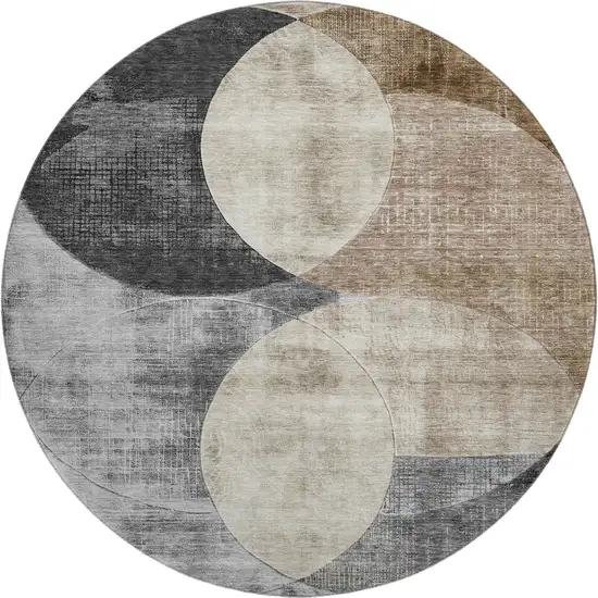 8' Pewter Brown And Beige Geometric Washable Round Rug With UV Protection Photo 1