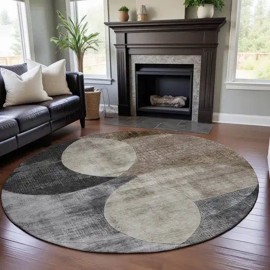 8' Pewter Brown And Beige Geometric Washable Round Rug With UV Protection Photo 4