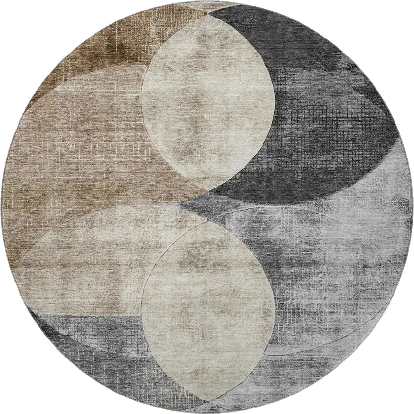 8' Pewter Brown And Beige Geometric Washable Round Rug With UV Protection Photo 3