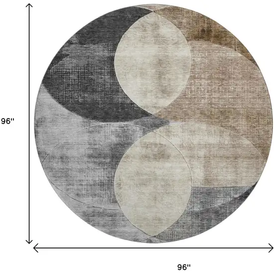 8' Pewter Brown And Beige Geometric Washable Round Rug With UV Protection Photo 9