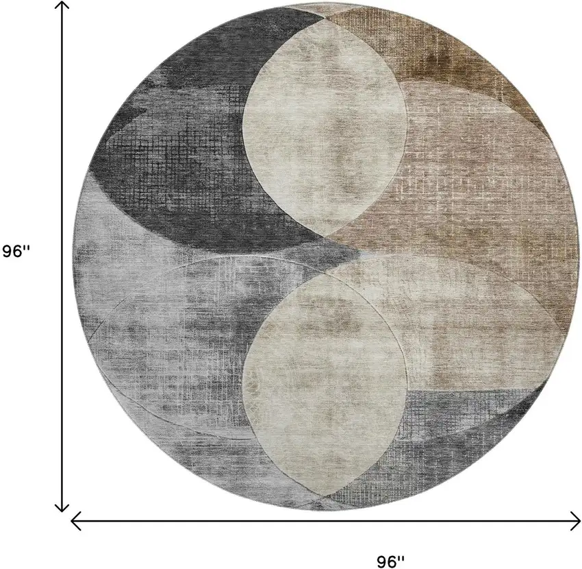 8' Pewter Brown And Beige Geometric Washable Round Rug With UV Protection Photo 9