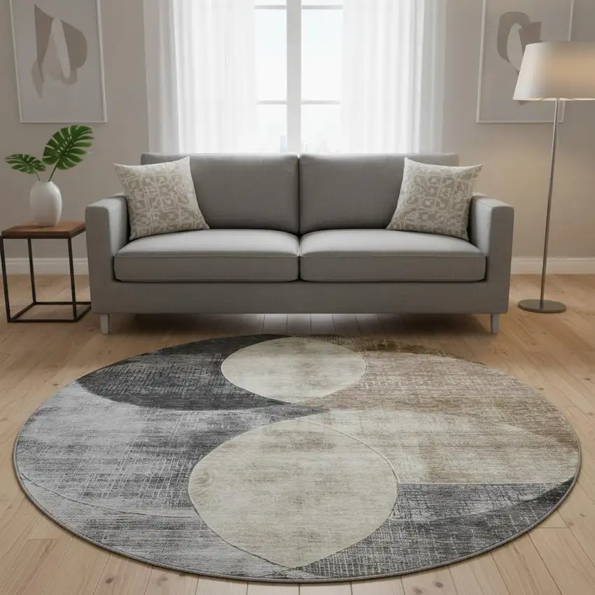 8' Pewter Brown And Beige Geometric Washable Round Rug With UV Protection Photo 2