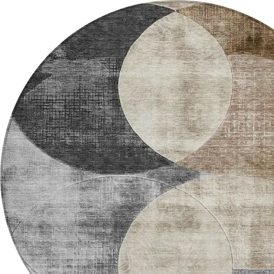 8' Pewter Brown And Charcoal Round Geometric Washable Indoor Outdoor Area Rug Photo 5