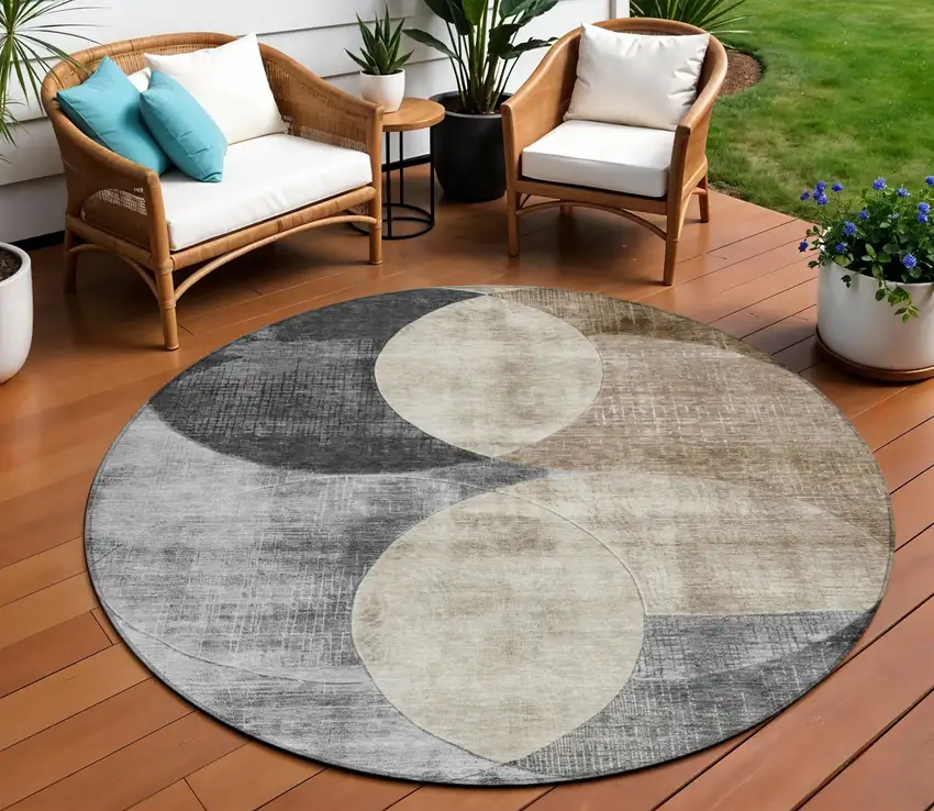 8' Pewter Brown And Charcoal Round Geometric Washable Indoor Outdoor Area Rug Photo 1