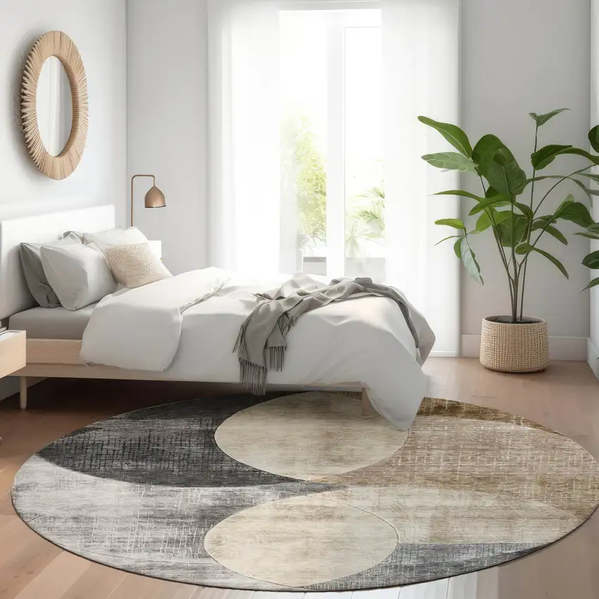 8' Pewter Brown And Charcoal Round Geometric Washable Indoor Outdoor Area Rug Photo 8