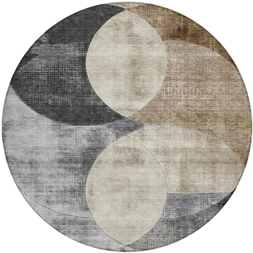 8' Pewter Brown And Charcoal Round Geometric Washable Indoor Outdoor Area Rug Photo 2