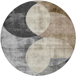 Photo of 8' Pewter Brown And Charcoal Round Geometric Washable Indoor Outdoor Area Rug