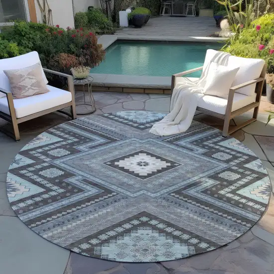 8' Pewter Charcoal And Sky Blue Round Tribal Washable Indoor Outdoor Area Rug Photo 7