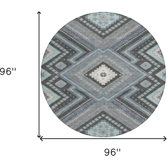 8' Pewter Charcoal And Sky Blue Round Tribal Washable Indoor Outdoor Area Rug Photo 6