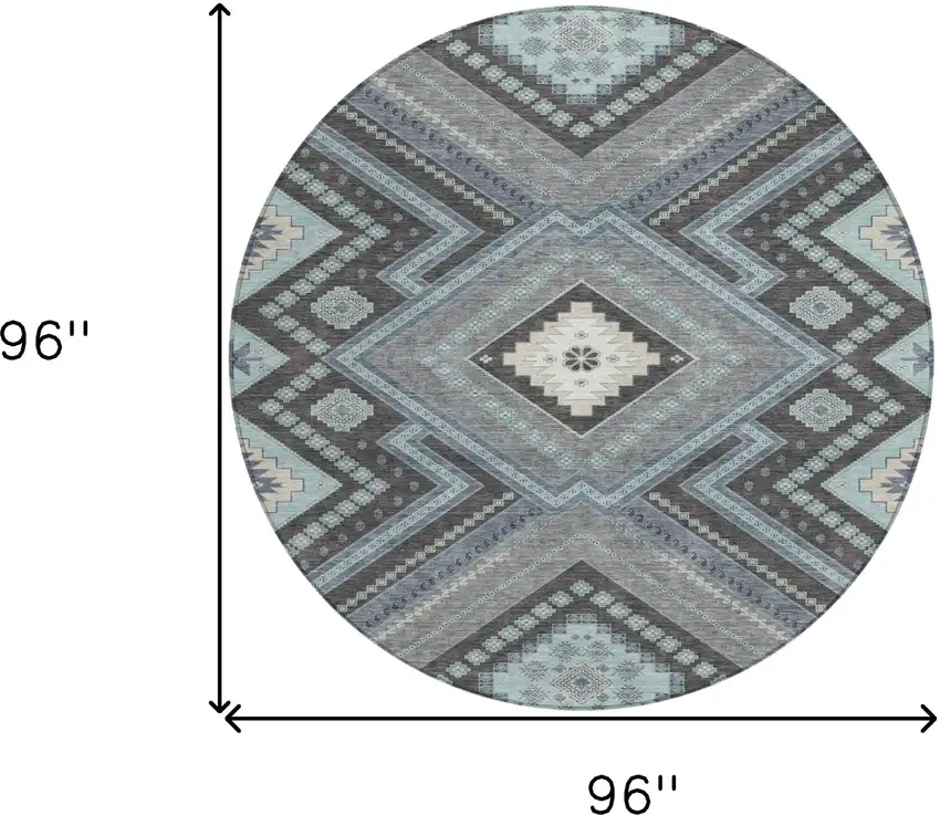 8' Pewter Charcoal And Sky Blue Round Tribal Washable Indoor Outdoor Area Rug Photo 6