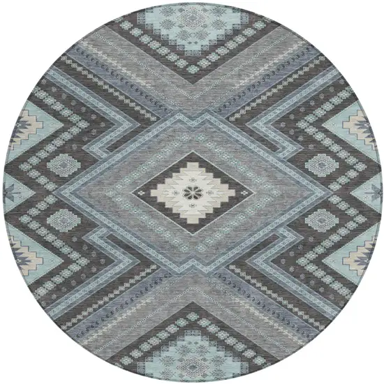 8' Pewter Charcoal And Sky Blue Round Tribal Washable Indoor Outdoor Area Rug Photo 2