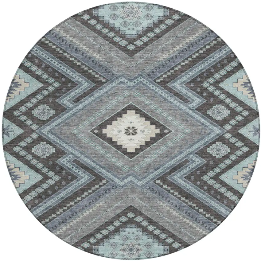 8' Pewter Charcoal And Sky Blue Round Tribal Washable Indoor Outdoor Area Rug Photo 2