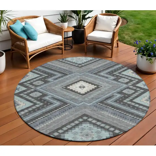 8' Pewter Charcoal And Sky Blue Round Tribal Washable Indoor Outdoor Area Rug Photo 1