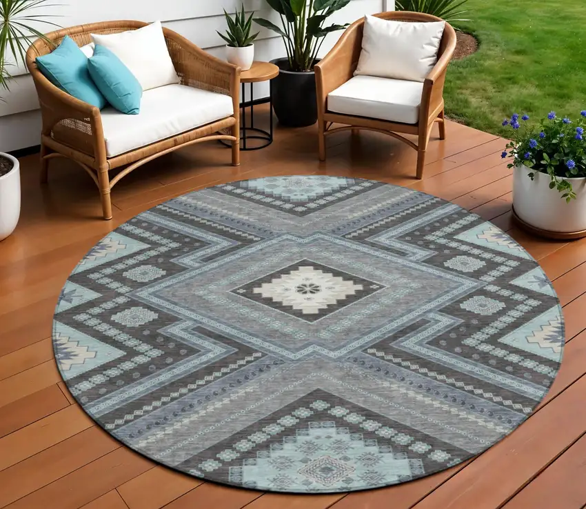 8' Pewter Charcoal And Sky Blue Round Tribal Washable Indoor Outdoor Area Rug Photo 1