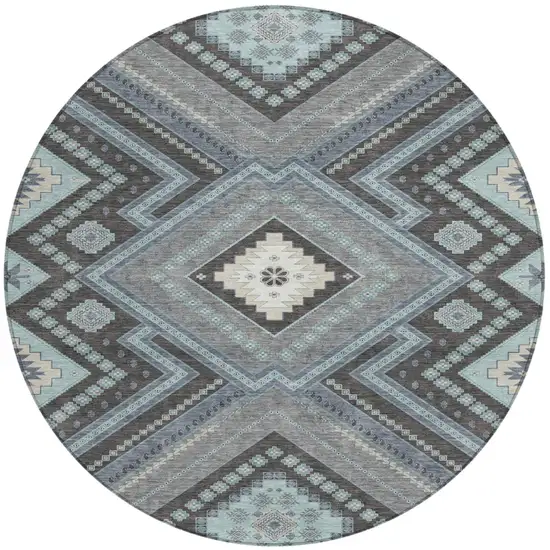 8' Pewter Charcoal And Sky Blue Round Tribal Washable Indoor Outdoor Area Rug Photo 2