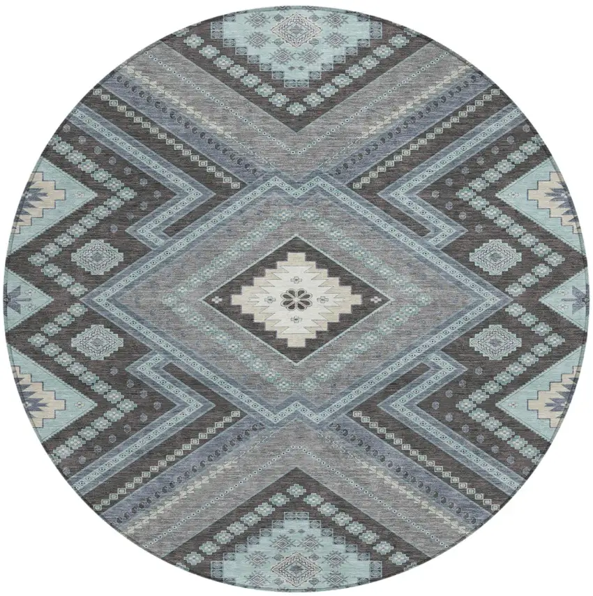 8' Pewter Charcoal And Sky Blue Round Tribal Washable Indoor Outdoor Area Rug Photo 2